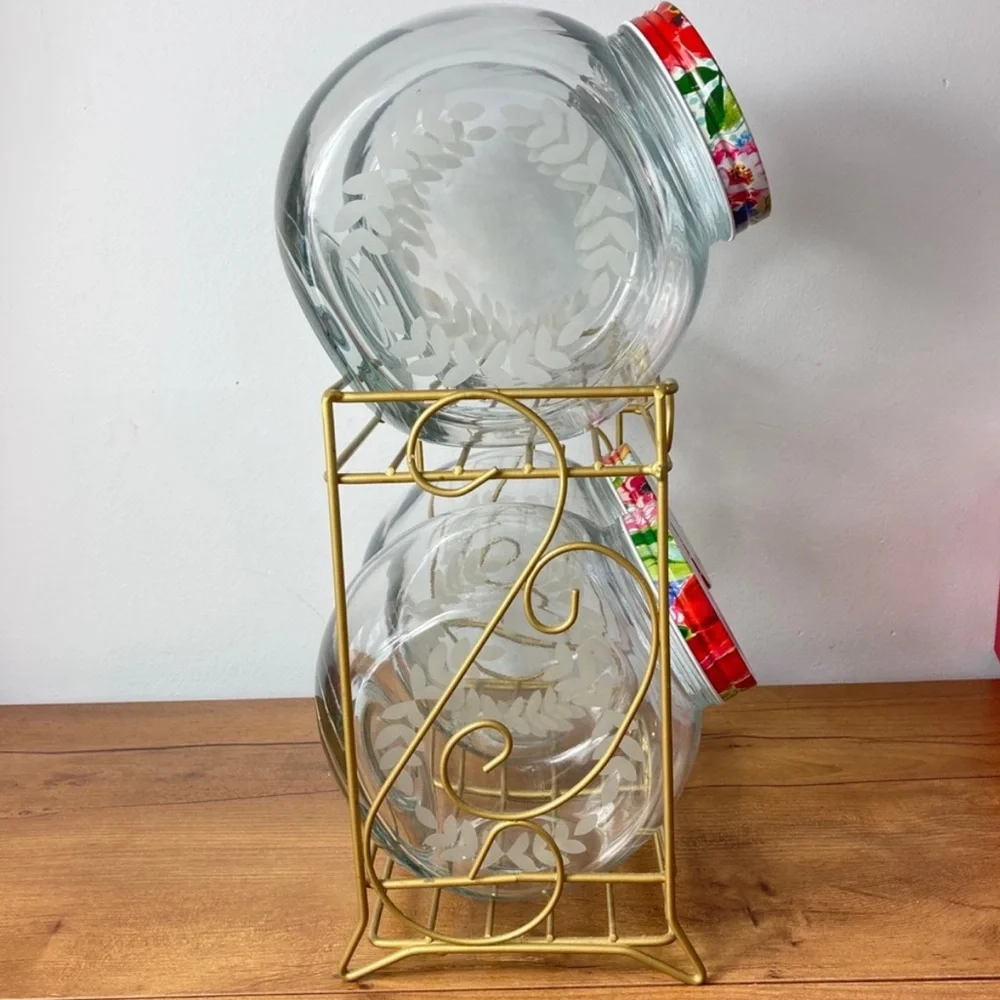 RARE! The Pioneer Woman Floral Medley Glass‎ Storage Jars with Metal Rack